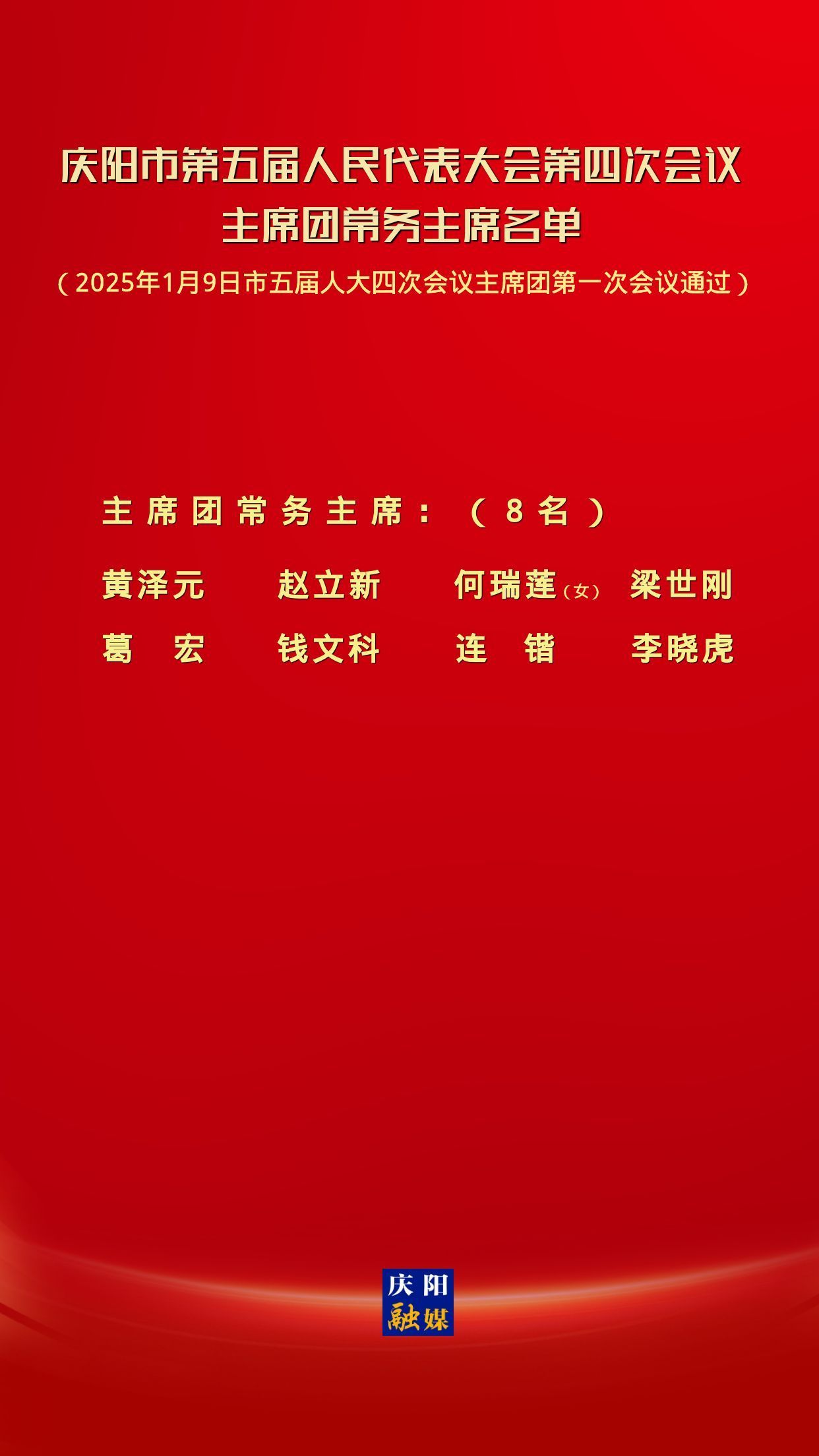慶陽市第五屆人民代表大會第四次會議主席團常務主席名單